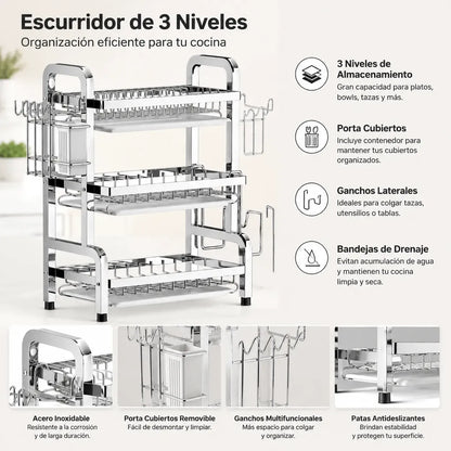 Escurridor de Trastes Multifuncional de 3 Niveles para Cocina - Metacompras