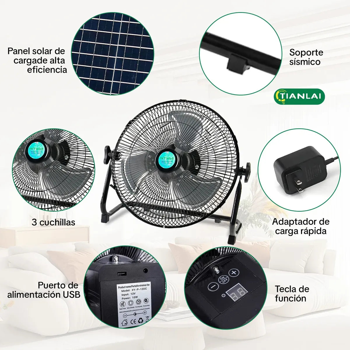 Ventilador Solar Metálico Recargable USB de 12 Pulgadas y 12 Velocidades
