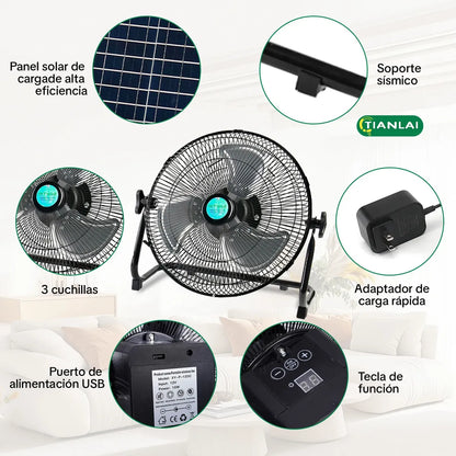 Ventilador Solar Metálico Recargable USB de 12 Pulgadas y 12 Velocidades