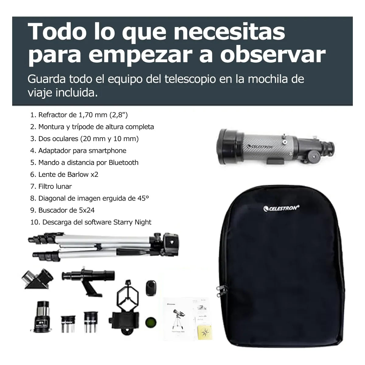Telescopio Portátil Refractor 70mm con Accesorios Incluidos