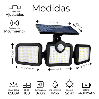 Lámpara Solar con Sensor de Movimiento y 108 LEDs para Exterior