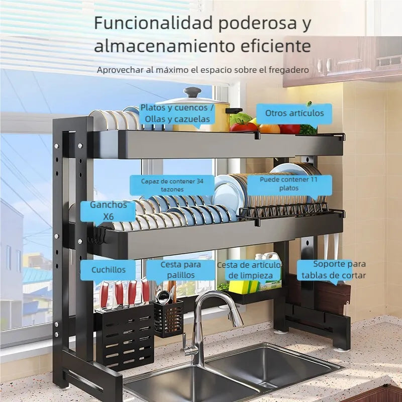 Escurridor de Trastes Ajustable sobre Fregadero - Organizador de Platos Negro