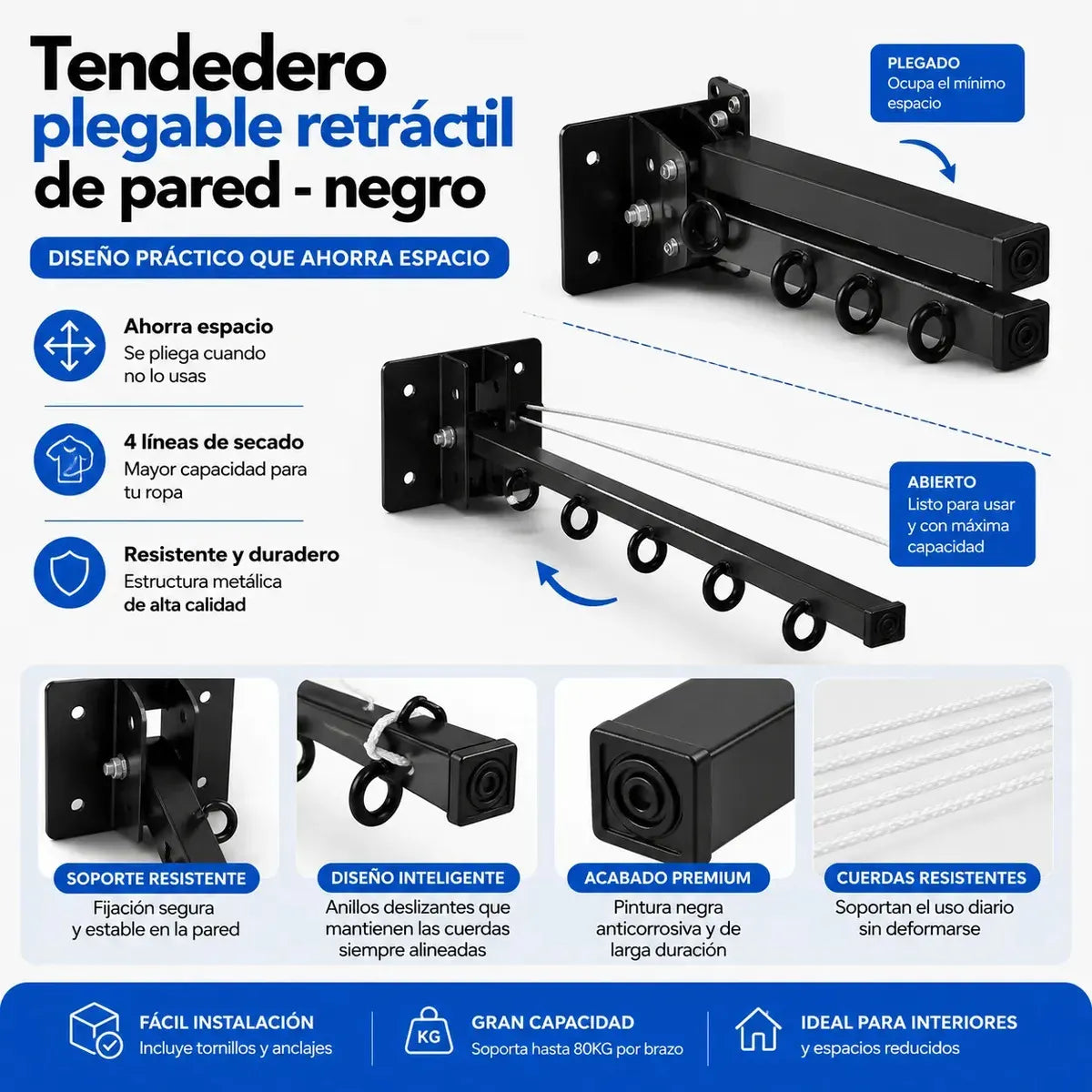 Tendedero Plegable Retráctil de Metal Reforzado para Interiores y Exteriores