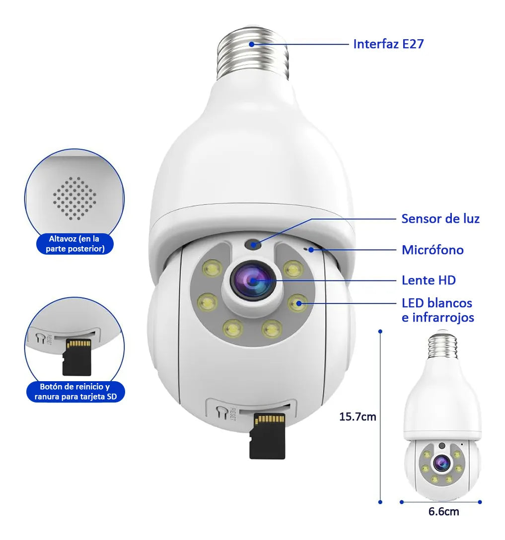 Foco con Cámara de Seguridad Wifi 2MP, Audio Bidireccional y Visión Nocturna - Metacompras