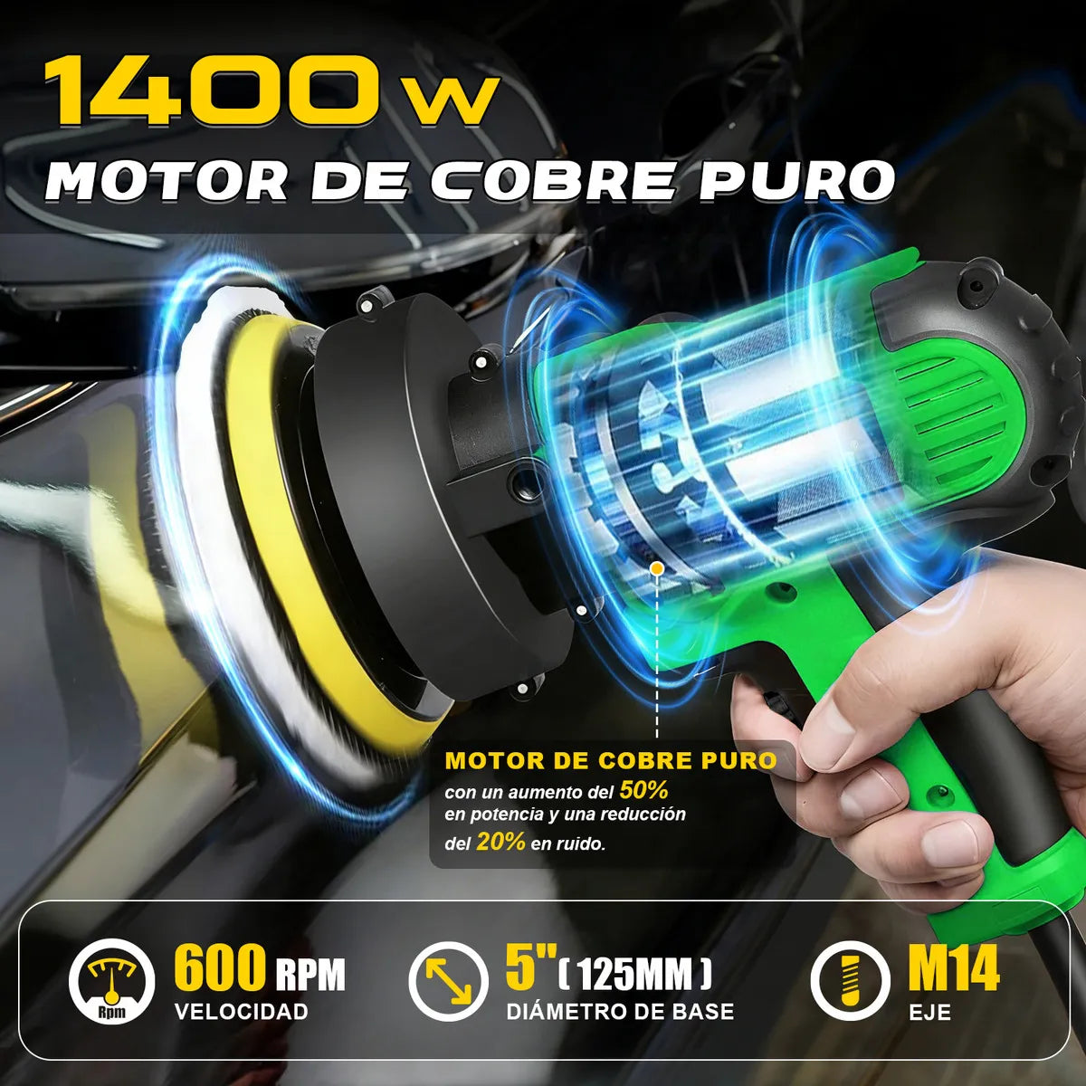 Pulidora Rotativa Eléctrica 125mm 1400w para Acabados Profesionales