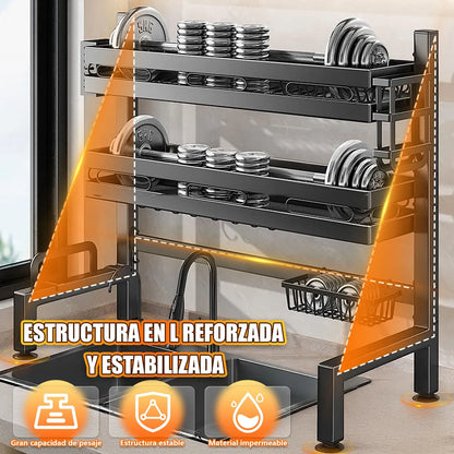 Escurridor de Trastes Negro de 2 Niveles para Fregadero Compacto
