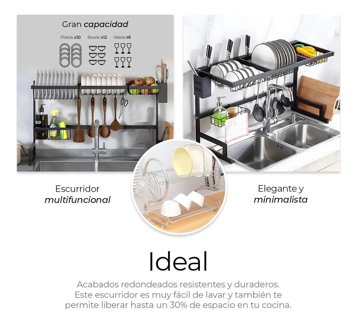 Escurridor de Trastes Negro Organizador de Platos para Fregadero
