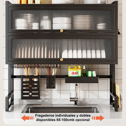 Escurridor de Trastes Negro con Organizador y Seca Vasos 30x95cm
