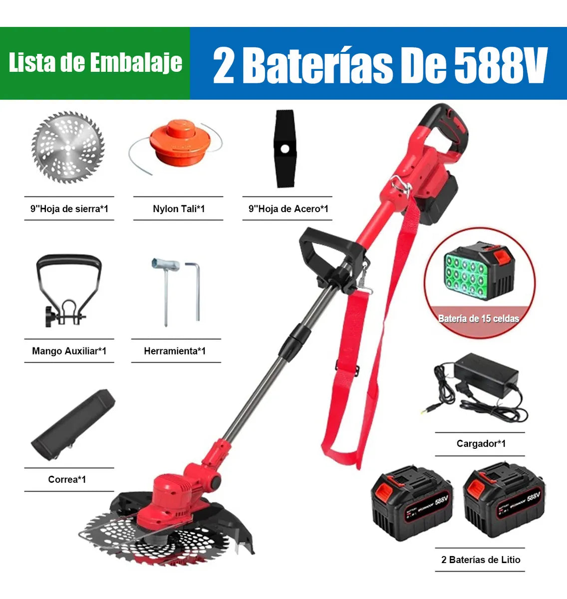 Desbrozadora Electrica Inalambrica Sin Escobillas 9inch Hoja Color Rojo - Metacompras