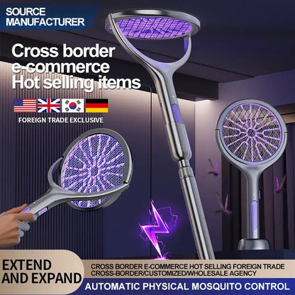 Matamoscas Eléctrico Telescópico con Luz LED para Control de Insectos
