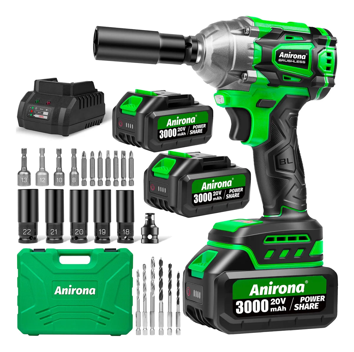Llave de Impacto Inalámbrica con 2 Baterías - Kit Completo Anirona 3.0ah - Metacompras